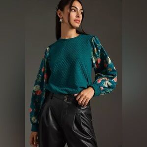 Anthropologie Porridge Teal Floral Sleeve Top